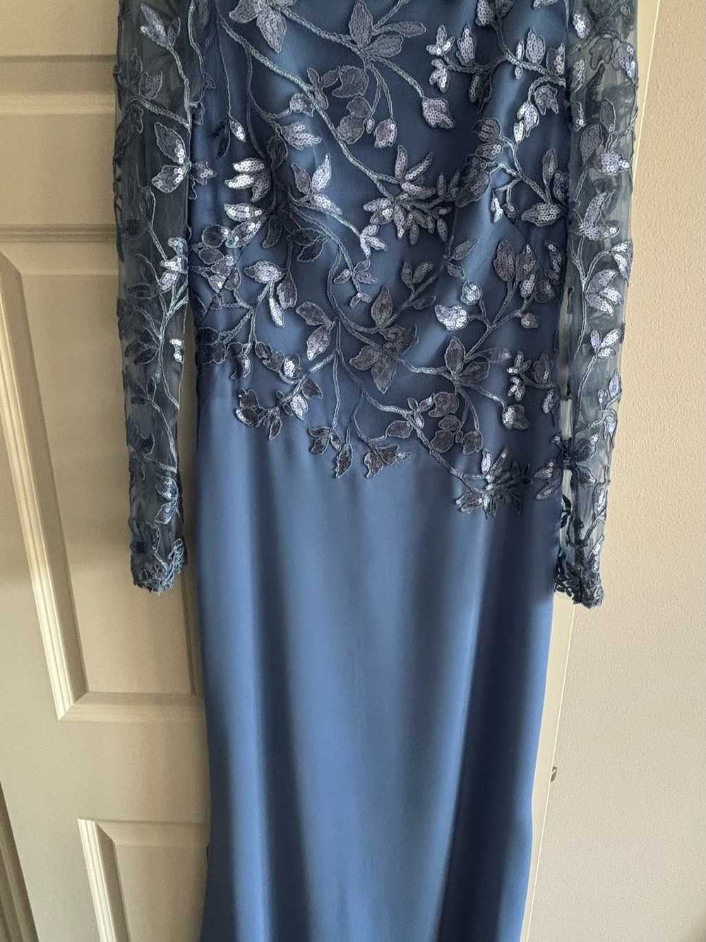 Tadashi Shoji Blue Embroidered Long Sleeve Maxi Dress